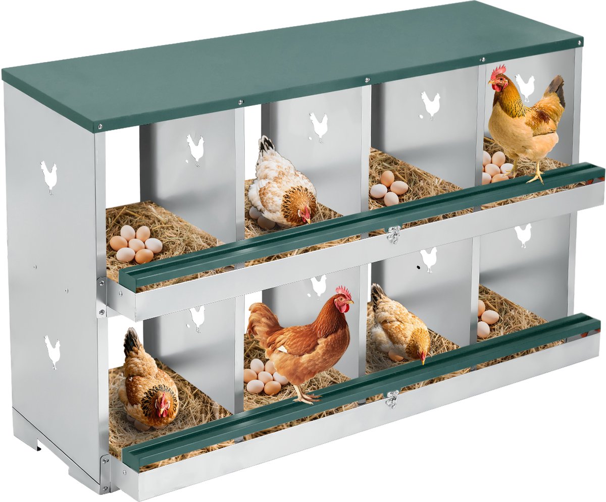 Automatisch uitrollend legnest voor kippen en eenden, robuuste metalen constructie, geventileerd en eenvoudig schoon te maken met eierverzamelblad, tweelaags model met 8 ruime compartimenten