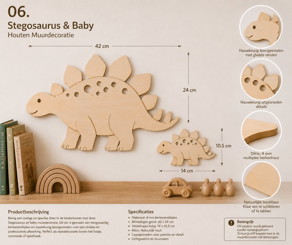 Houten Stegosaurus Muurdecoratie met Baby – Dino Wanddecoratie Kinderkamer – Berkenmultiplex