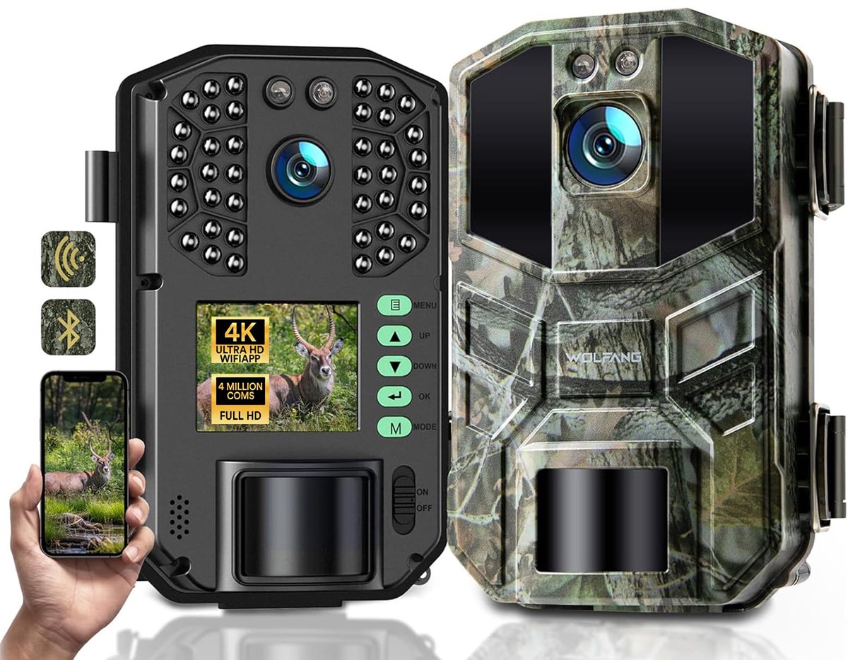 SnelShoppen - Wildlife Camera 64MP 4K HD, Wifi Bluetooth Jacht Camera met Nachtzicht, Beweging Geactiveerd, IP66 Waterdicht, 0.1s Trigger Tijd voor Bu