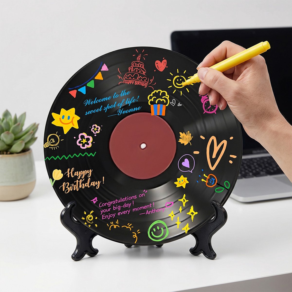 Ryoudavell - Vinylplaten DIY tekenbord uitwisbare - transparant acryl bord educatief teken speelgoed(Inclusief standaard + 6 kleurpotloden)- 20*20CM
