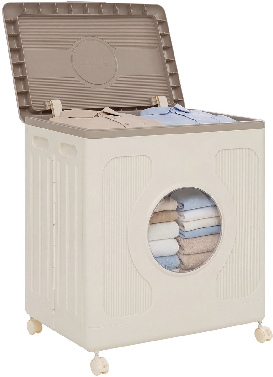 COSTWAY Opvouwbare opbergdoos, 45 liter, wasmand van kunststof, met wieltjes, deksels en transparant venster, draagbare wasmand voor thuis, wasgoed en slaapkamer (grijs)