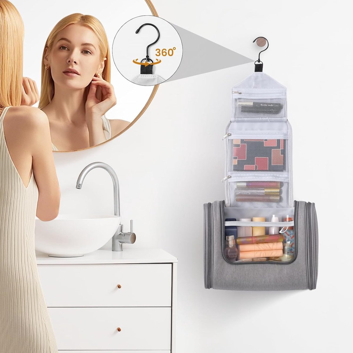 Hangende Toilettas - Waterdicht Grijs - Ruime Opbergcapaciteit - Ideaal voor Gezinnen