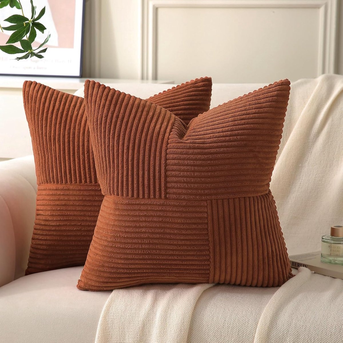 SnelShoppen - Set van 2 Corduroy Velvet Kussenslopen 35 x 35 cm - Moderne Decoratieve Throw Pillow Covers - Patchwork Patroon voor Sofa en Slaapkamer