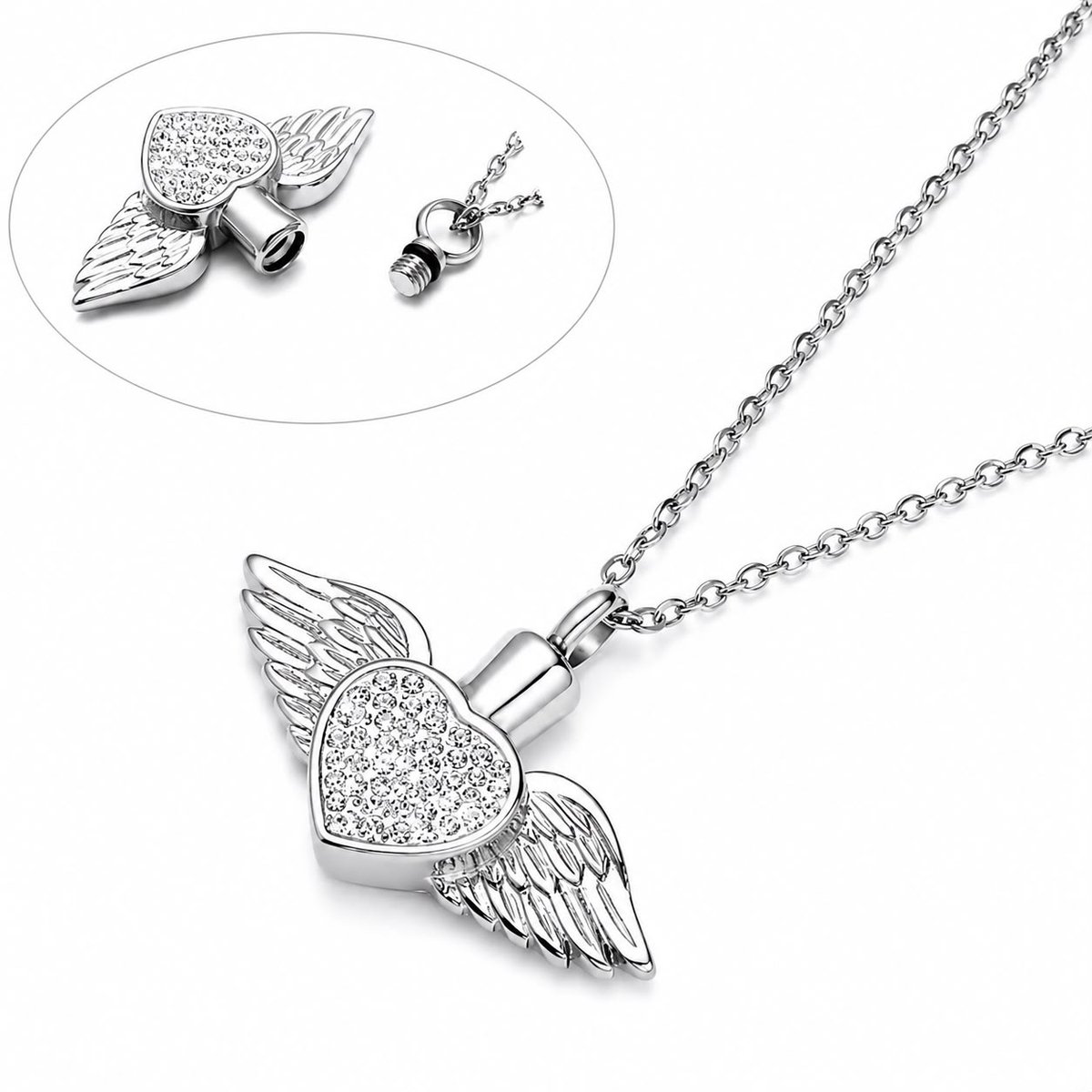 Luxe Ashanger Hart met Engelenvleugels en Strass – Asketting RVS Zilverkleurig – Gedenksieraad met Veilige Schroefsluiting – Inclusief Schakelketting – Herdenkingssieraad
