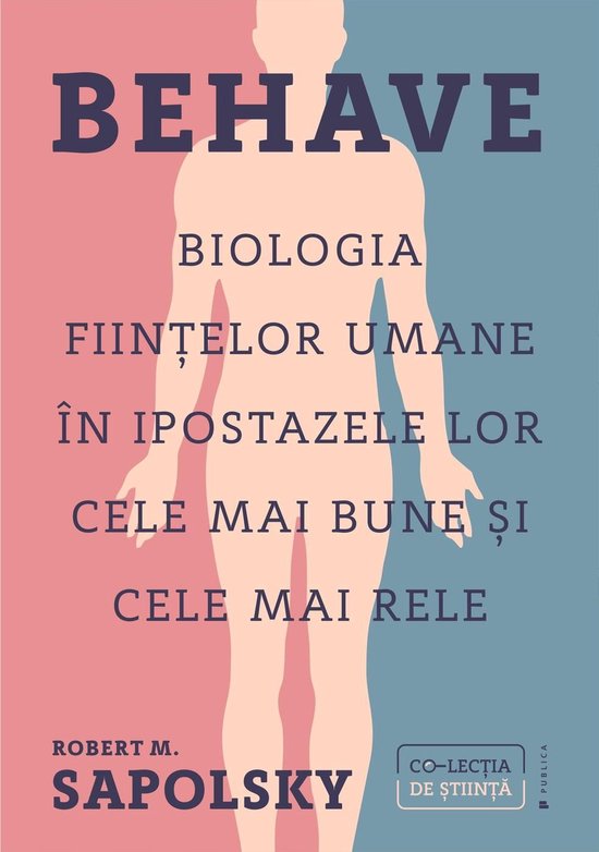 Boekomslag met de titel BEHAVE in paarse letters en een roze gestileerde menselijke figuur. Tekst in Roemeens over biologie.