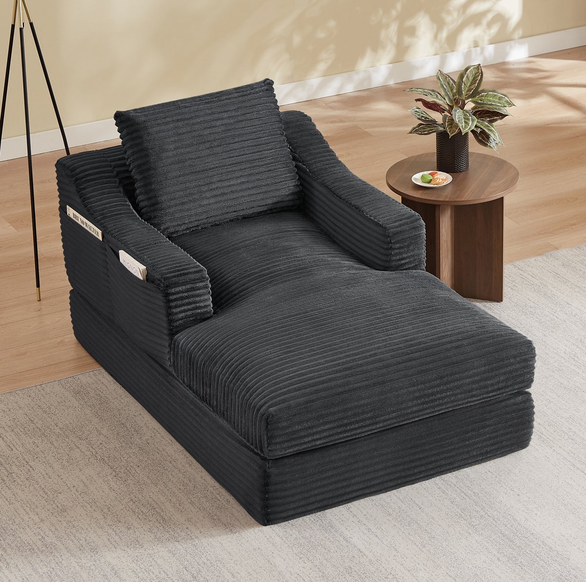 COVREO Fauteuil 100x160x85 cm - donkergrijs corduroy, 1-zits, uitklapbaar tot ligplek