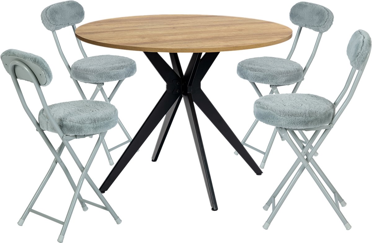 Eethoek - Ronde Eikenlook Tafel En 4 Zachte Pluche Klapstoelen - Grijs