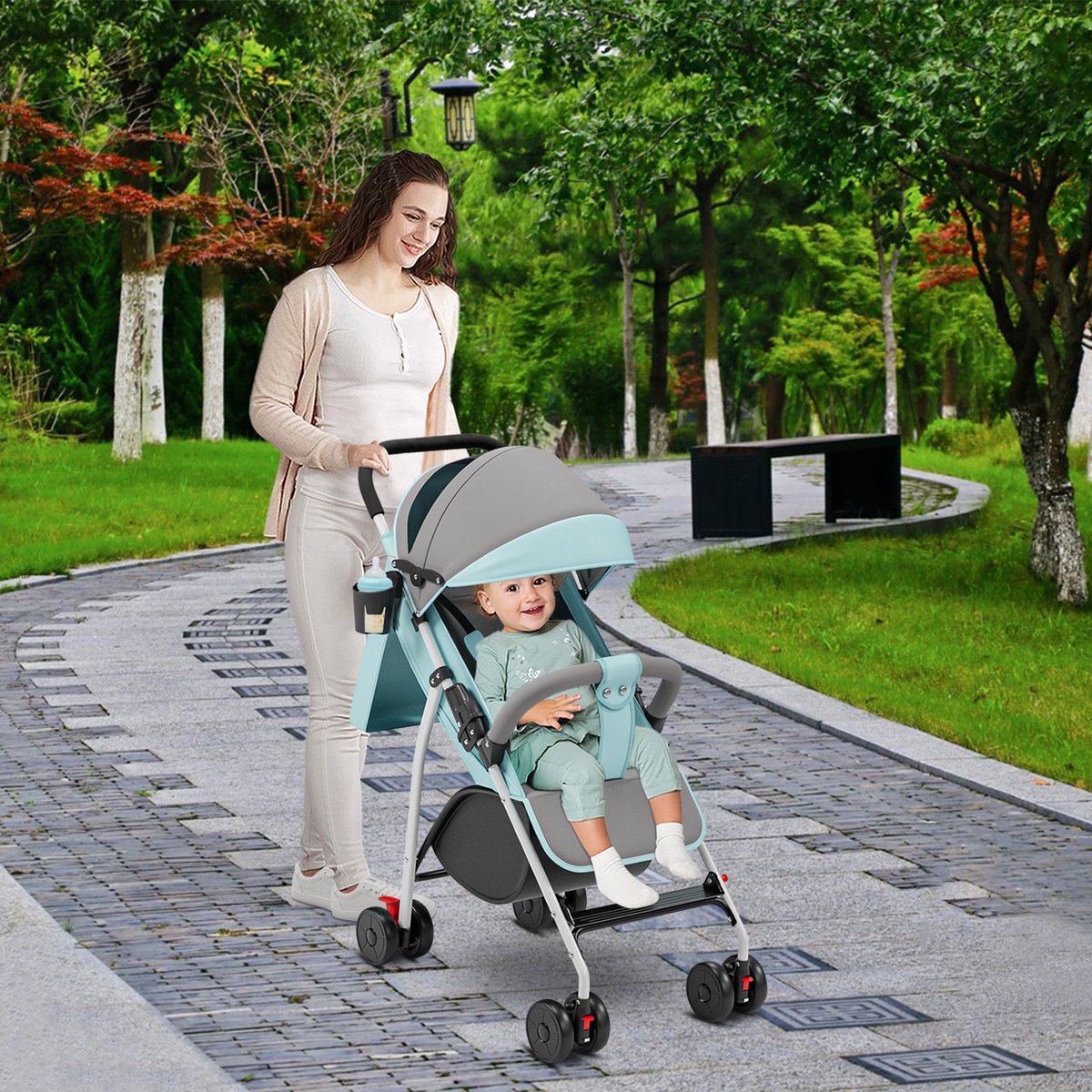 PIPIPOXER Opvouwbare Buggy met Zon- en Regenhoes Lichtblauw - afbeelding 3