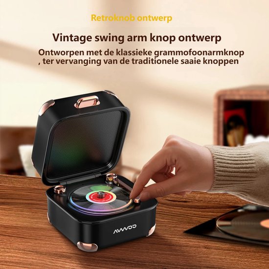 KINSI Retro platenspeler bluetooth luidspreker, 360° stereogeluid, compact speaker met RGB-verlichting — afbeelding 5