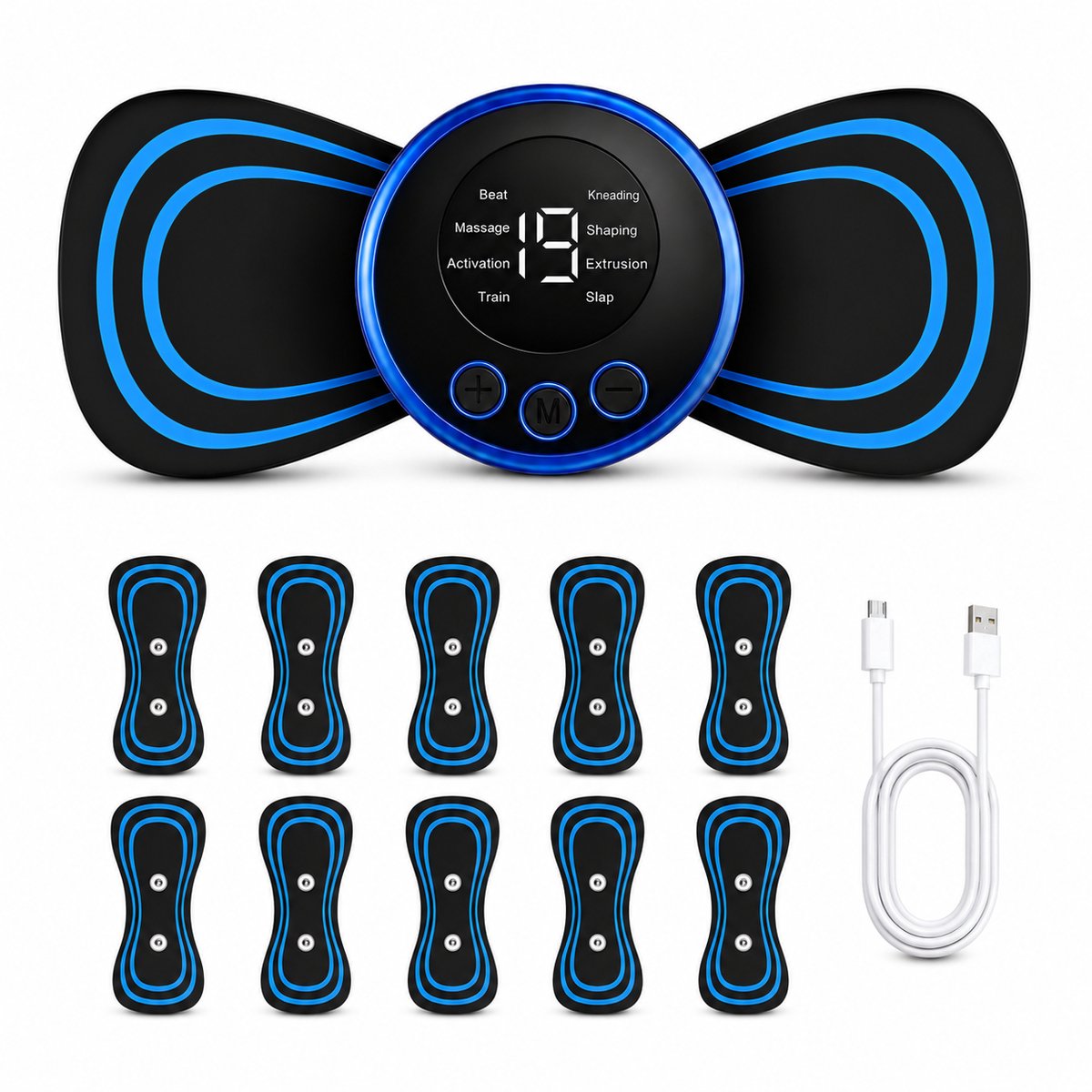 Gloovon® EMS Massage Apparaat - TENS Massage Apparaat - 19 Intensiteiten & 8 Standen - Incl. 10 Pads & USB-kabel - Voor Thuis en Onderweg