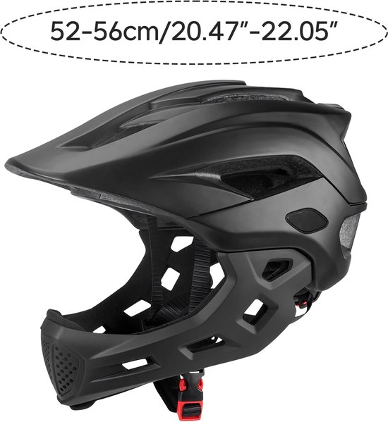 Zwarte helm met afneembare kinband. Afmeting 52-56cm/20.47"-22.05" aangegeven.