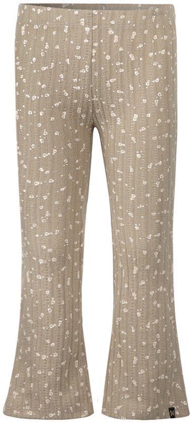 Beige geribbelde flared broek met witte bloemenprint.