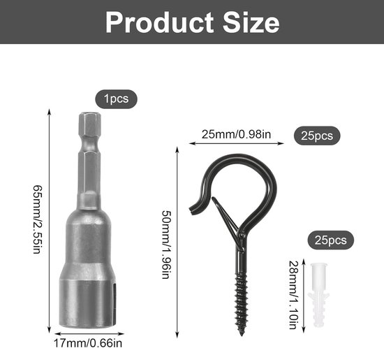 SnelShoppen - 25 Pcs Screw Hooks - Robuuste M4 Ceiling Hooks - RVS Hanghaken voor Hammocks, Plant Baskets, String Lights - Zwart, Duurzaam en Roestvri — afbeelding 5
