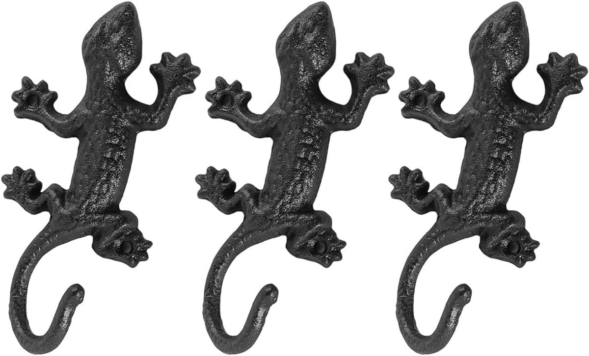 SnelShoppen - 3-delige Gecko Wandhaak van Gietijzer - Robuuste Muurhaak voor Sleutels, Jassen, Handdoeken - Vintage Stijl - Eenvoudig te Installeren