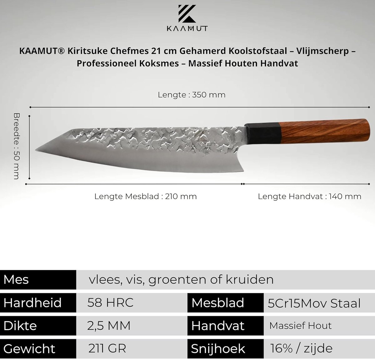 SnelShoppen - Kiritsuke Chefmes 21 cm - Handgesmeed Vlijmscherp Koksmes van 5Cr Koolstofstaal - Professioneel Kookgereedschap met Massief Houten Handv