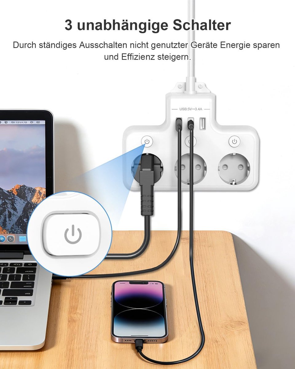 Thijox - Hoekstopcontact Keuken met USB, 4-voudige Stekkerdoos, Meervoudig Stopcontact met Schakelaar, 2 m Verlengkabel, Wandmodel, 3-socket voor Bure