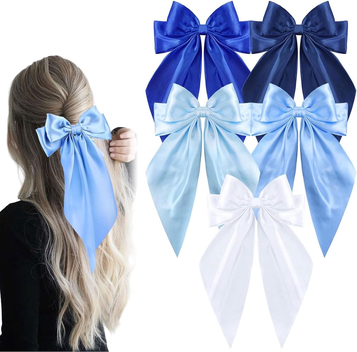 SnelShoppen - 5 Stuks Blauwe Haar Sliders voor Dames, Grote Shiny Satijnen Haarclips voor Meisjes, Haarband Accessoires met Lange Staart voor Feest en