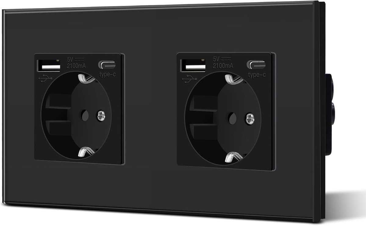 SnelShoppen - Wandcontactdoos met 2 Aardcontacten, Verbeterde USB Oplaadpoort en Type C Input, Glazen Plaat, Eenvoudige Installatie, 157mm - Zwart