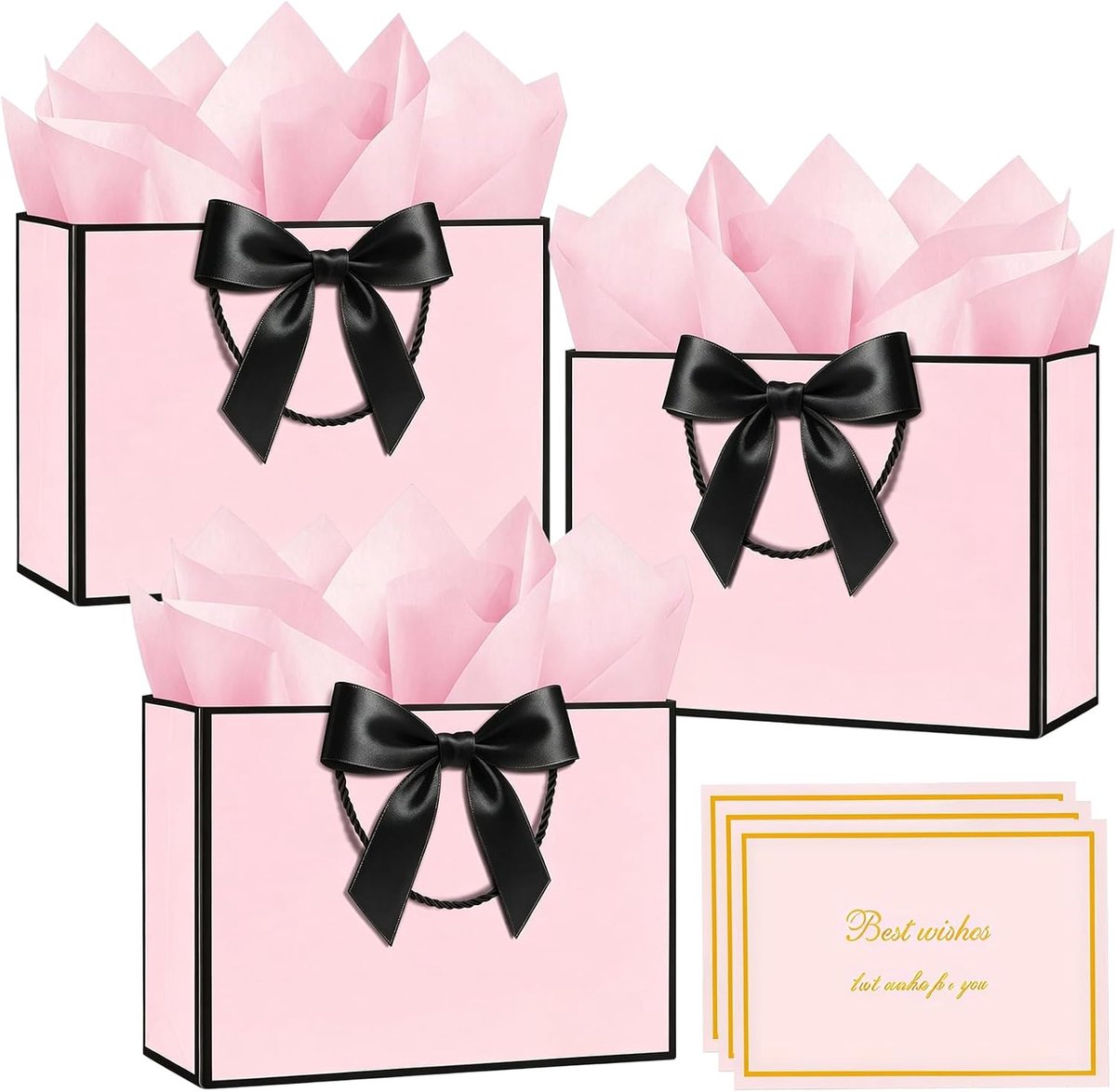 SnelShoppen - 3 Stuks Medium Cadeauzakken 20x10x28 cm Roze met Handvat, 6 Stuks Cadeaupapier, 3 Wenskaarten, Bogen voor Verjaardagen, Feestjes en Cade