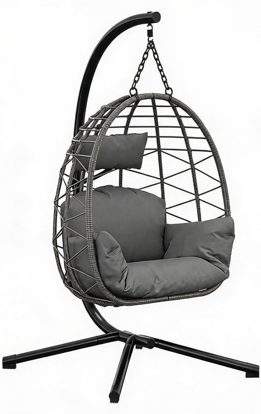 HOERFURIY Hangstoel Buiten met Standaard Metalen, tot 150 kg–Opvouwbare Hangstoelen Egg Hangstoel–Incl. Dikker Zitkussen en Regenhoes–Tuinmeubelen voor de Tuin, Terras en de Slaapkamer, 105 × 105 × 196 cm– Grijs