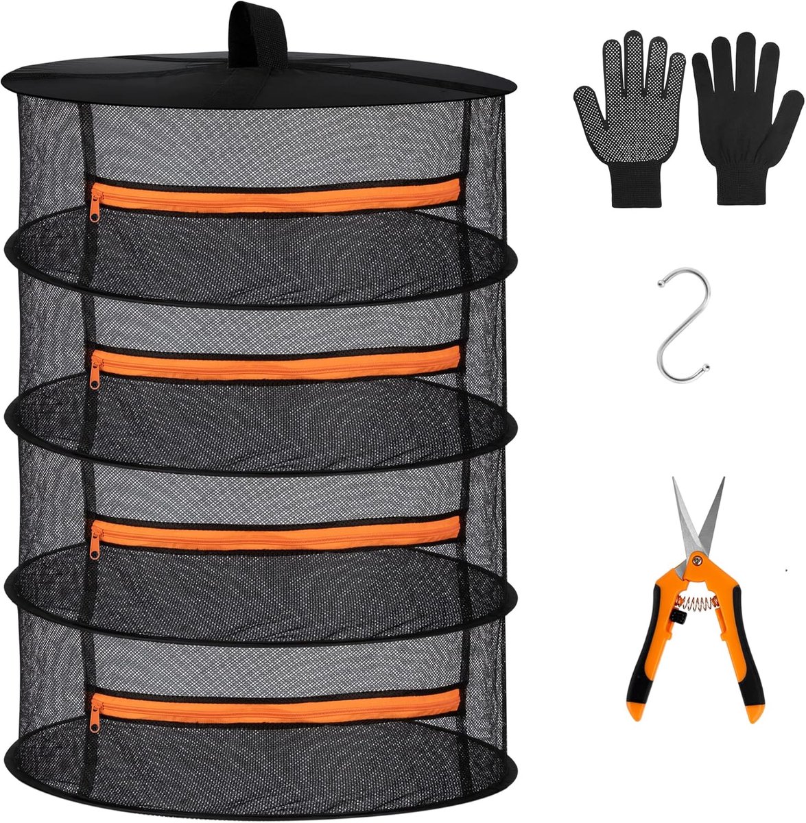 SnelShoppen - 4-lagig Netz-Abtropfgestell voor het Drooghouden van Kruiden, Drogen met Orange Reißverschlüsse, 80cm Hoog, 60cm Diameter, Breathing Mes