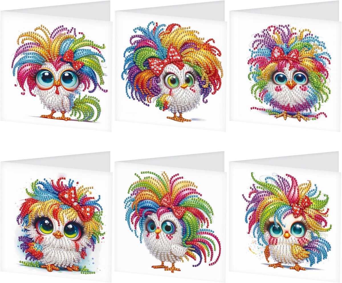 SnelShoppen - Set van 6 Diamant Schilderen Wenskaarten voor Verjaardag, Bedankt, Zegeningen, Feestdagen - Haan en Kip Ontwerpen - Glitter Rhinestones