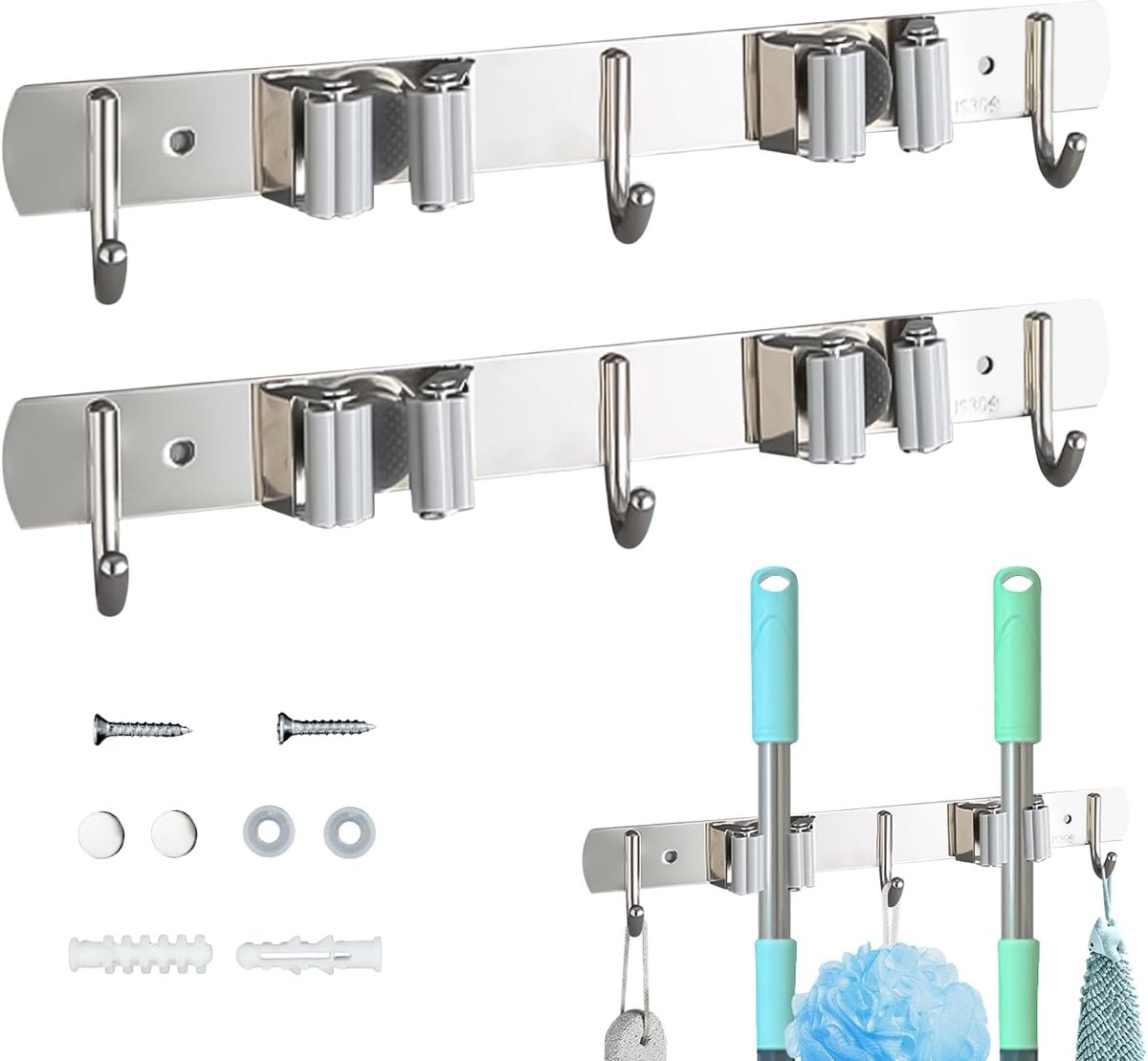 SnelShoppen - Broom Holder voor Wandmontage, Broom Holder met Wandhaken, Dubbelzijdig, Sterk voor het Ophangen van Bezem en Tuin Gereedschap, Set van