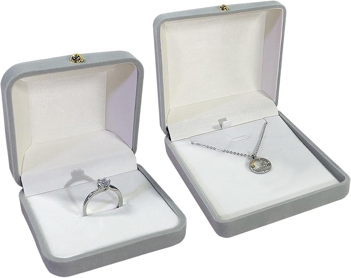 SnelShoppen - 2 Stuks Sieraden Doos, Ringen Doos + Fluwelen Ringen Doos voor Verloving, Bruiloft, Jubileum, Valentijnsdag, Licht Grijs