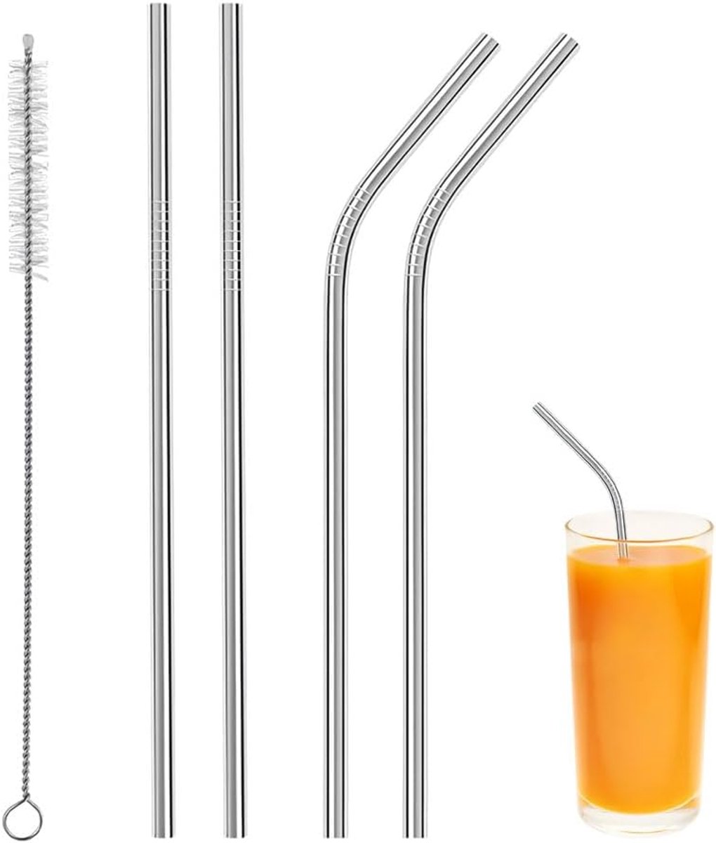 SnelShoppen - Herbruikbare RVS Rietjes Set van 4 (2 Recht + 2 Gebogen), 22 cm, Perfect voor Cocktail, Milkshake, Smoothie, Iced Coffee - Inclusief Sch
