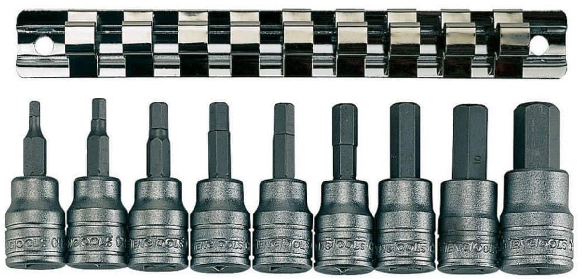 SnelShoppen - 10-delige Zeskantige Doppenset met 3/8 Inch Aandrijving en Clip Rail - Handige Opbergoplossing voor Gereedschap, Perfect voor Klussen en