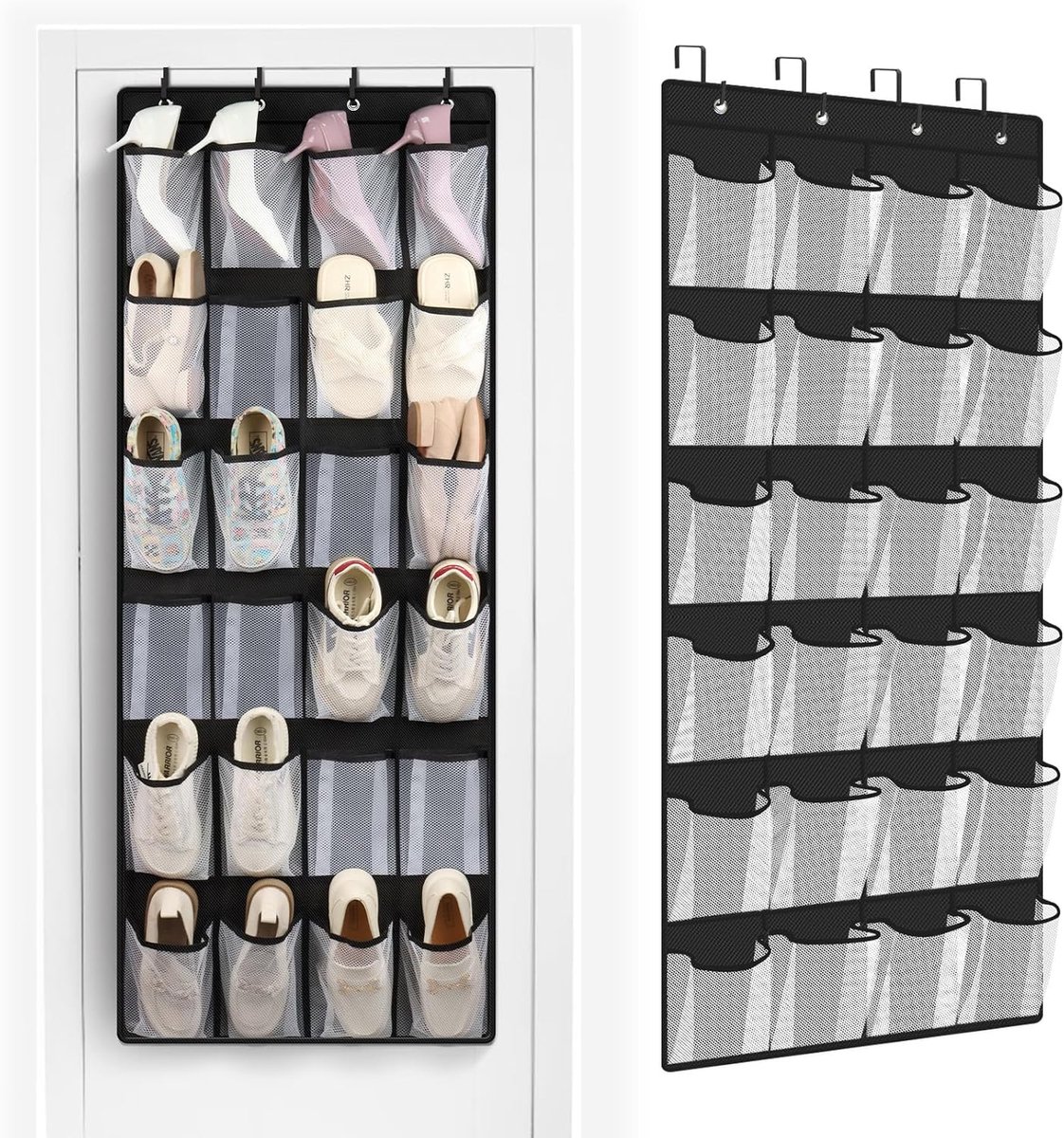 VHV - Schoenenorganizer - Hangende schoenenopberger voor achter de deur - Ademende mesh opbergtas met 24 vakken en 4 metalen haken - 150 x 56 cm - Zwart
