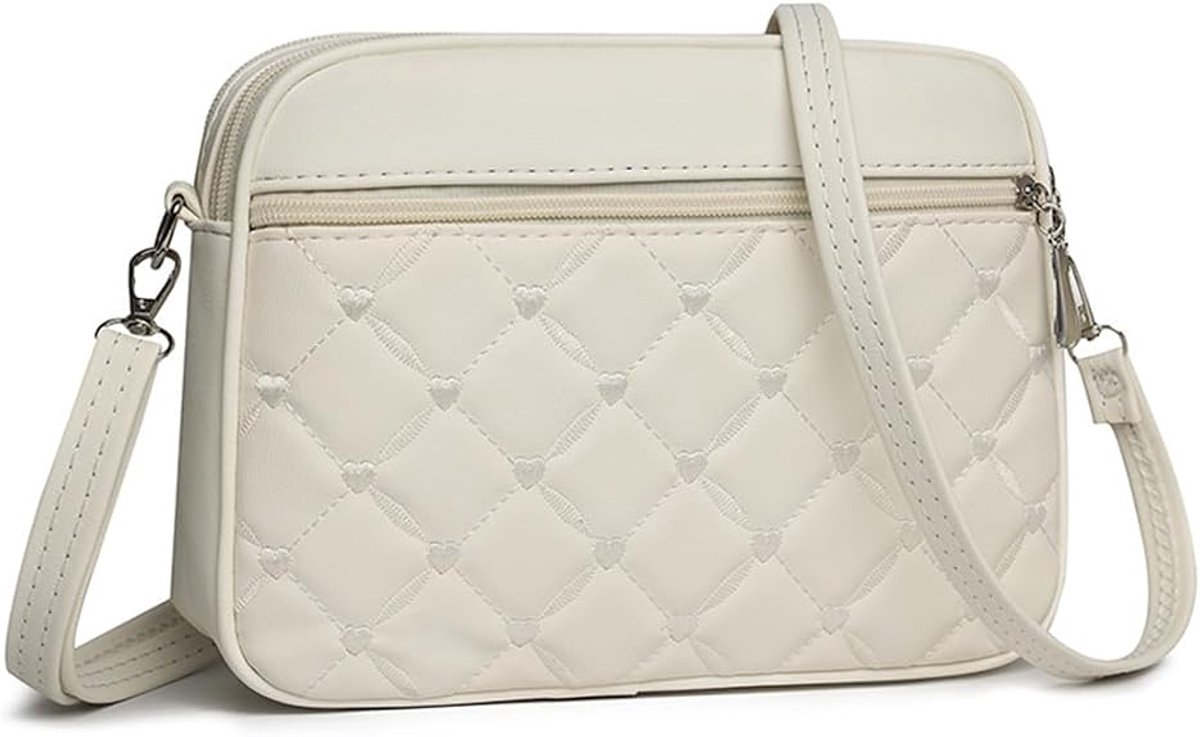 VHV - Crossbodytas Dames - Schoudertas van echt leer - Meerdere opbergvakken en verstelbare schouderband - Voor dagelijks gebruik - Wit