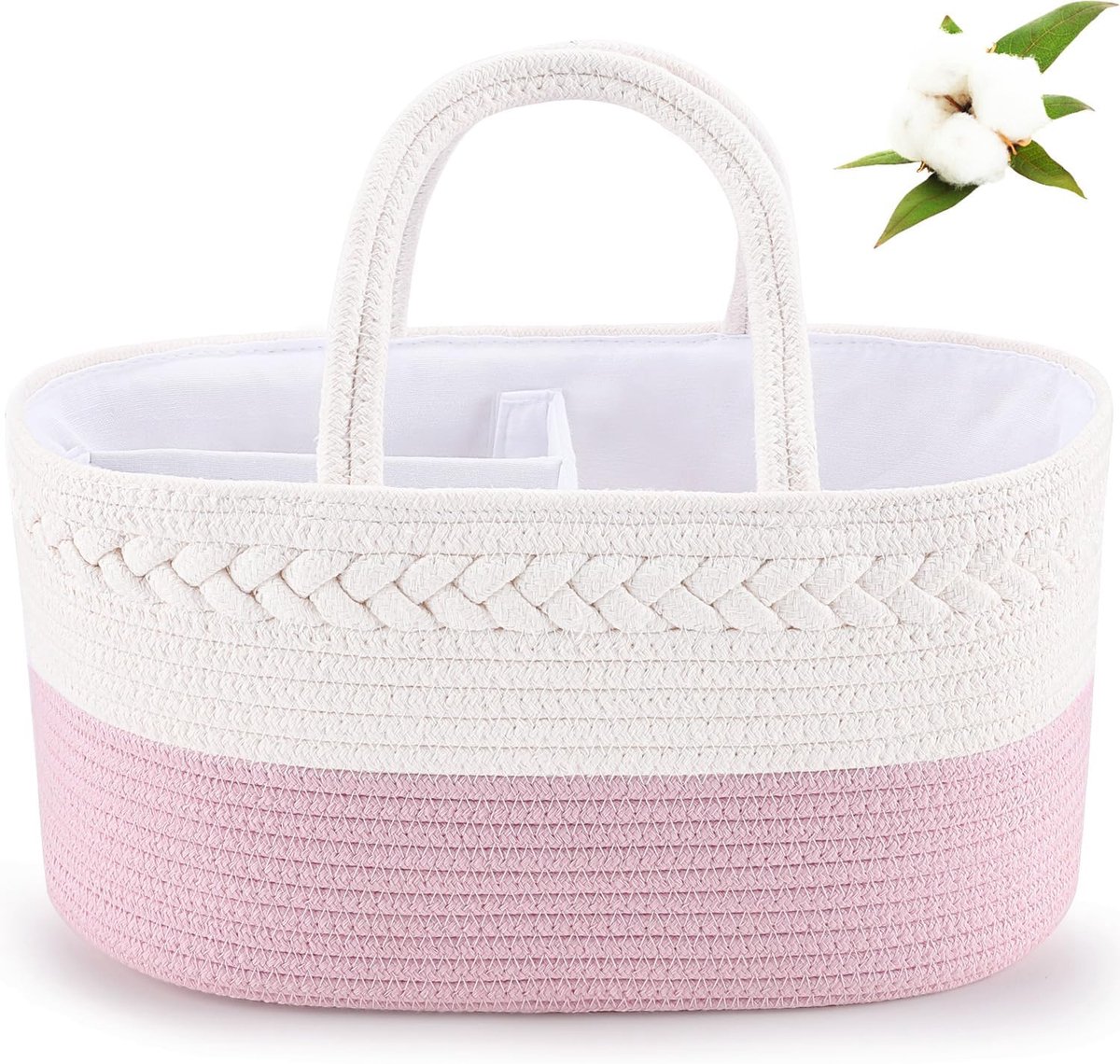 VHV - Luiermand - Baby opbergmand van katoenen touw - Draagbare organizer voor luiers en babybenodigdheden - Kraamcadeau voor pasgeborenen - 38 x 25 x 17 cm - Wit en roze