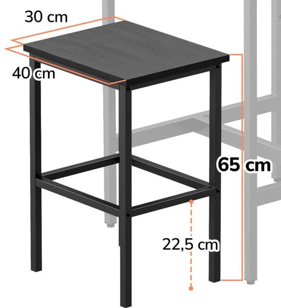 Afmetingen van zwarte barkruk: 30 cm breed, 40 cm diep en 65 cm hoog.