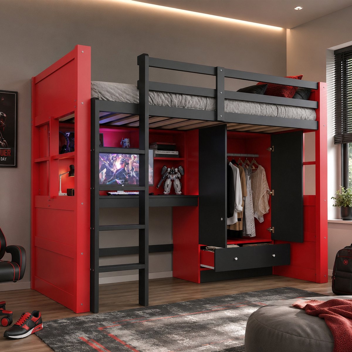 REDOM - Hoogslaper - Met bureau en opbergruimte - Met kledingkast en lades - Met LED-verlichting en stopcontacten - Hout en MDF - Zwart en Rood - 205 x 100,5 x 174 cm