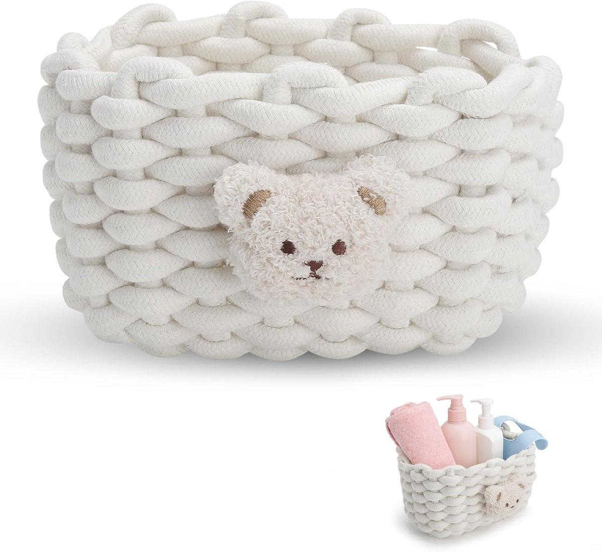 Gevlochten Katoenen Opbergmand met Berenmotief - Kleine Mand voor Badkamer, Bureau en Kaptafel - Decoratieve Opbergbox voor Cosmetica - Handgeweven Organizer voor Babykamer - Wit
