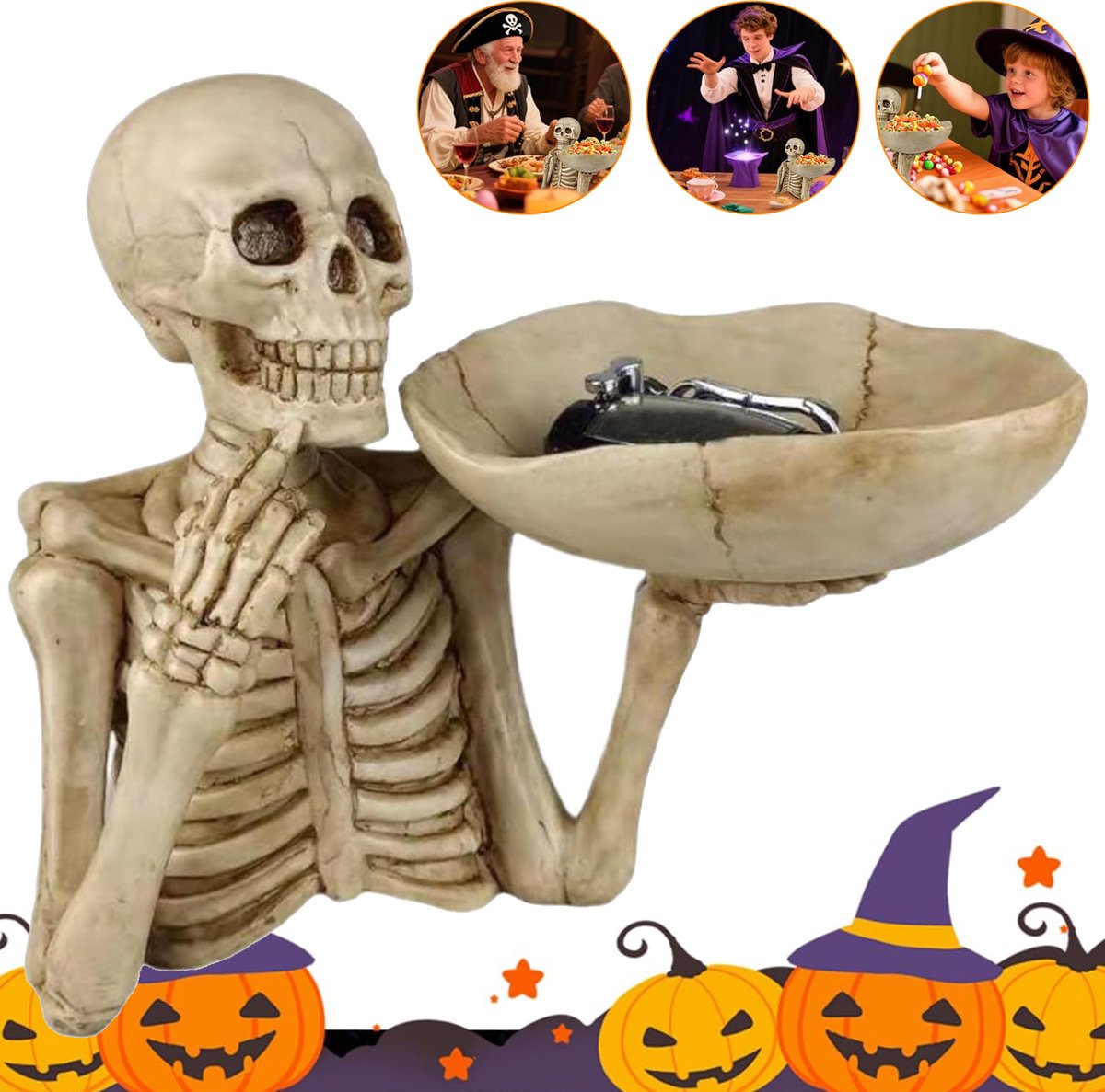Halloween Snoepkom - Skeleton Bowl - Fruitschaal In De Vorm Van Een Schedel - Vintage Tafeldecoraties Met Skeletmotief