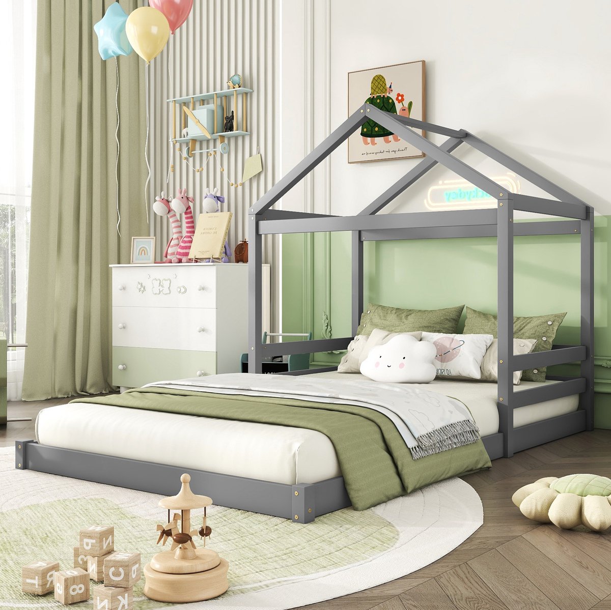 COVREO Kinderbed 140 x 200 cm - huisvorm, grijs, met lattenbodem, zonder matras