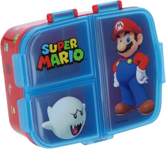 Rode en blauwe broodtrommel met 2 vakken. Met Super Mario logo, Mario en Boo.