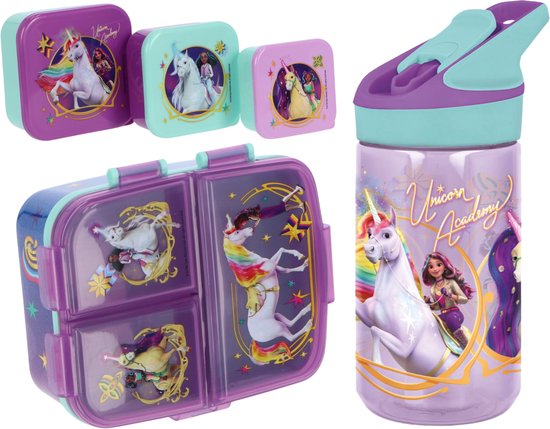 Unicorn Academy lunchset: paarse lunchbox, drie voorraaddozen en een lichtroze drinkfles.