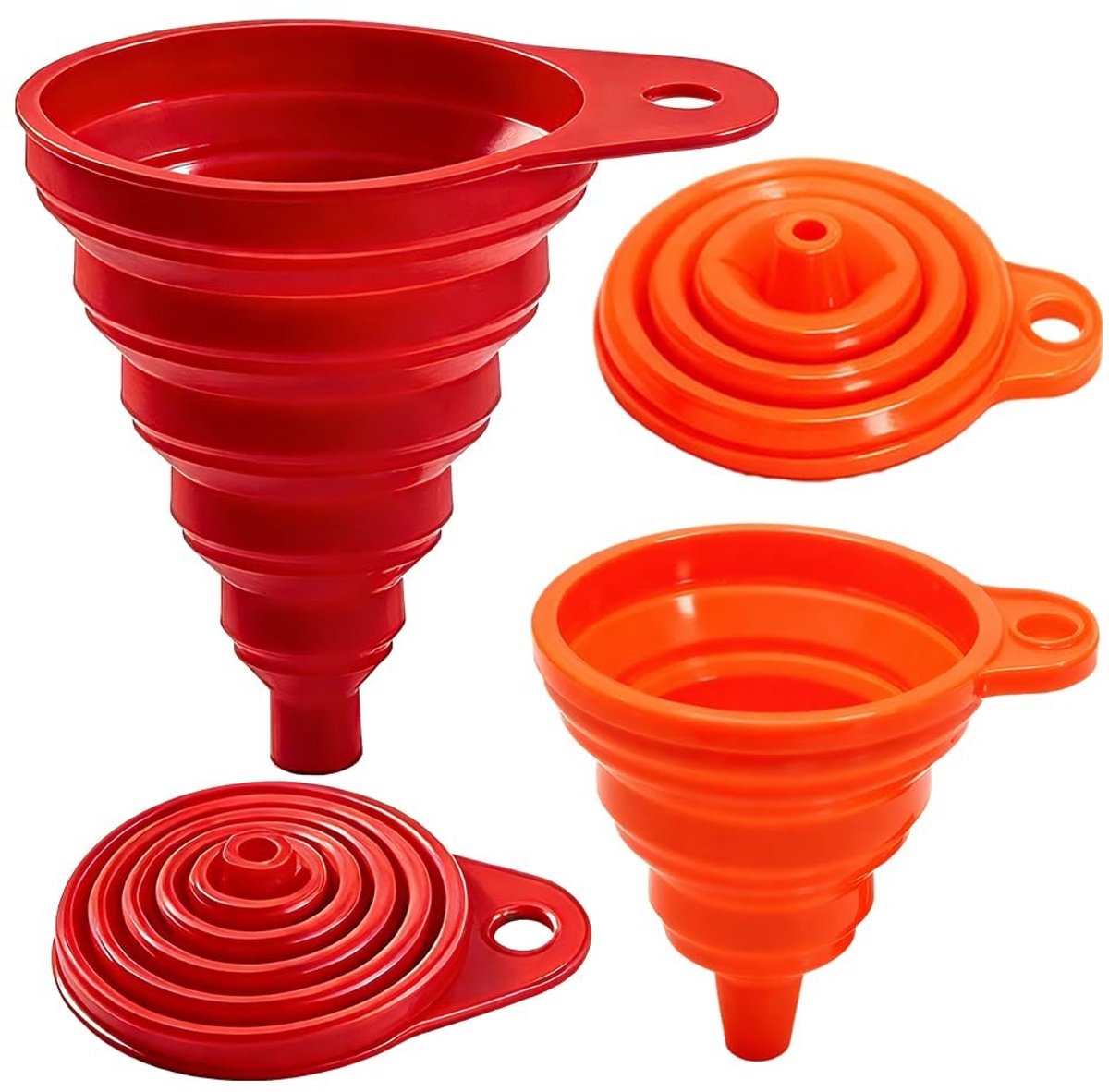 Vouwbare Siliconen Trechter Set van 2 - 8cm en 11cm - Ideaal voor Bier, Vloeistofoverdracht en Keuken Gebruik, Rood en Oranje