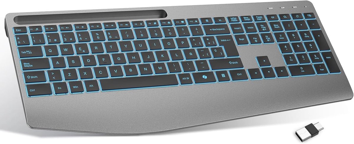 SnelShoppen - Ergonomisch Draadloos Toetsenbord met Polssteun - 2.4G Stil Verlicht Spaans QWERTY Toetsenbord voor Windows 11/10/8/7/Vista/XP - Oplaadb