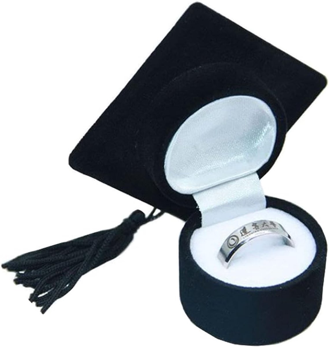 SnelShoppen - Elegante Zwarte Sieraden Ringdoos met Sluiting, Hoed Ontwerp en Kwastjes voor Huwelijk, Verjaardag, Afstuderen en Feestdagen
