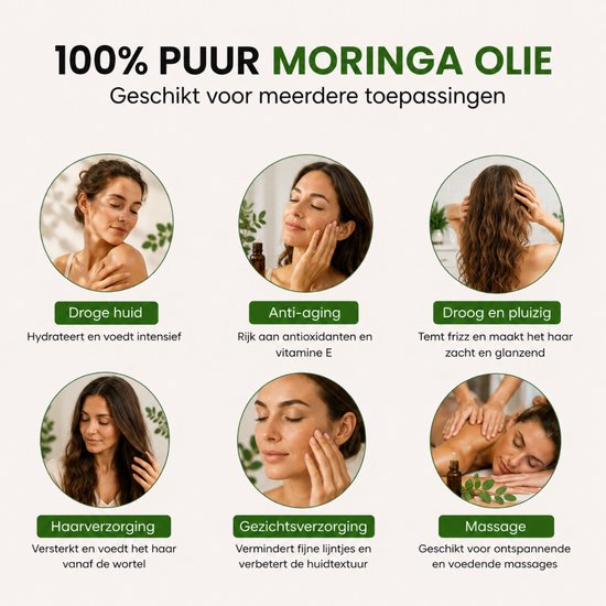 Collage: Droge huid, Anti-aging, Droog en pluizig haar, Haarverzorging, Gezichtsverzorging en Massage, allemaal met Moringa olie.