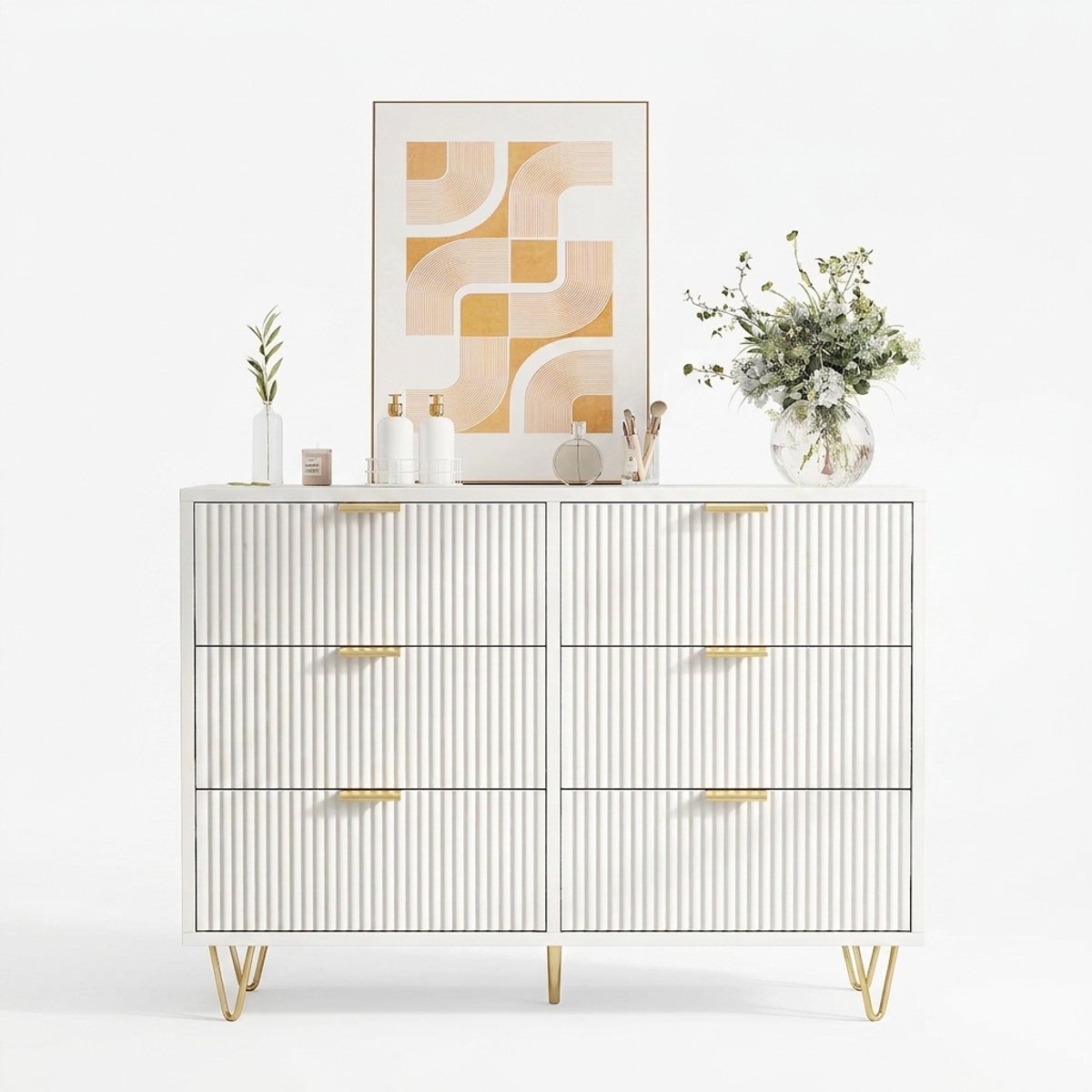 Archi Ladekast met 6 Laden – Witte Commode - Opbergkast – Gegolfd Front – Met Gouden Handgrepen en Poten – Incl Kantelbeveiliging