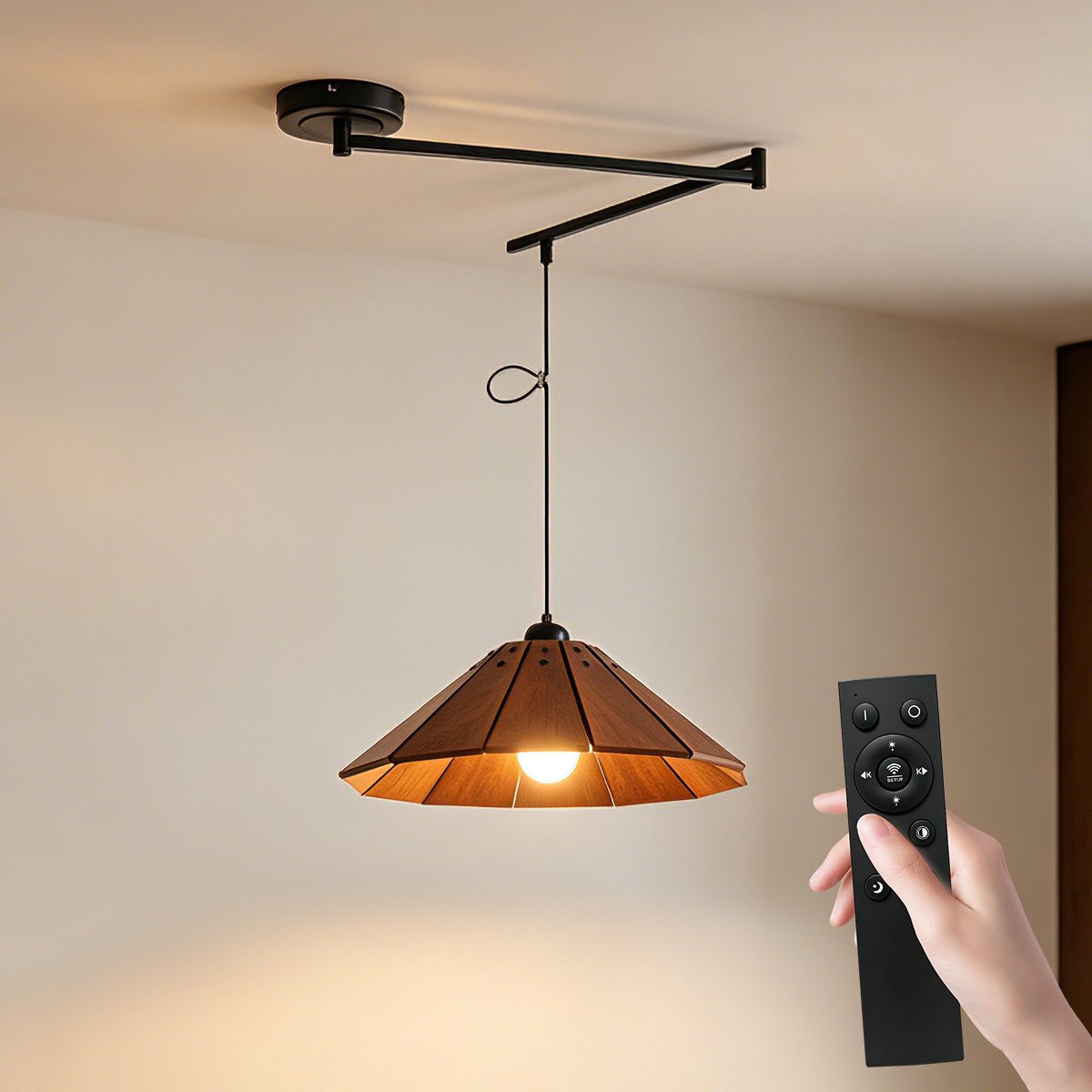 Epochglo Scandinavische Hanglamp E27 - Luxe Walnoot Houten Plafondlamp met 350° Draaibare Arm - Inclusief 9W Dimbare LED Lamp & Afstandsbediening (3000K-6500K) - Retro Hanglamp voor Eettafel, Keuken & Woonkamer - Walnoothout