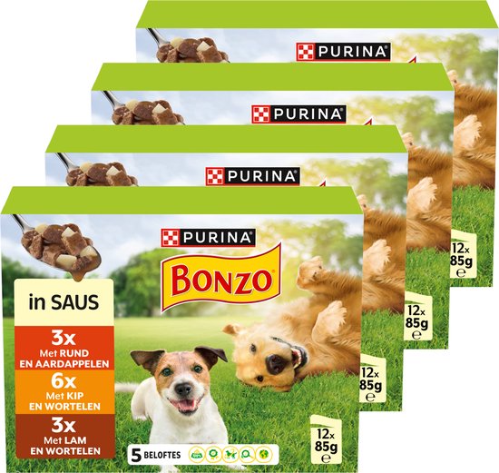 Bonzo Maaltijdzakjes in Saus - Hondenvoer Natvoer - Rund Kip & Lam - 48 x 85 g
