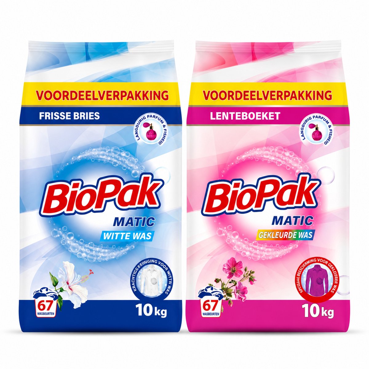 BioPak Matic Waspoeder Voordeelbundel 20 kg – Witte Was + Gekleurde Was – 2 x 10 kg – 134 Wasbeurten – Frisse Bries & Lenteboeket