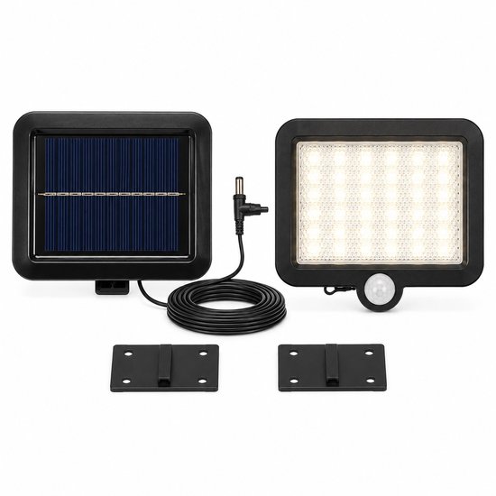 Zwarte led-lamp met bewegingssensor en los zonnepaneel, met kabel en bevestigingsbeugels.
