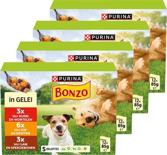 Bonzo Adult Maaltijdzakjes - Hondenvoer Natvoer - Rund Kip & Lam - 48 x 85 g